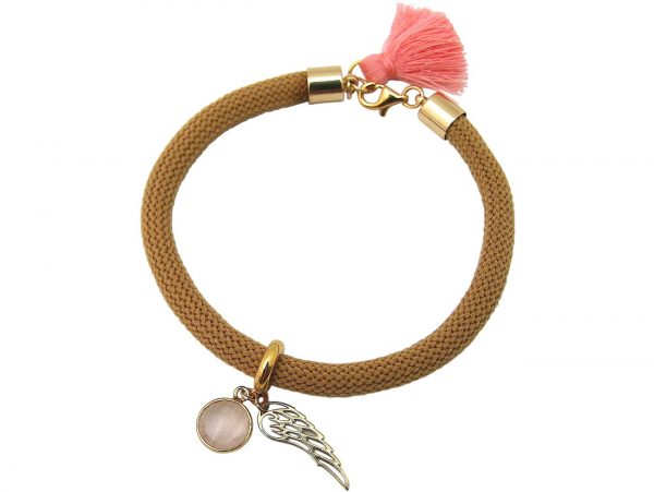 Gemshine - Damen - Armband - Vergoldet - Edelstein - Rosenquarz - Engel Flügel - Rosa - Braun