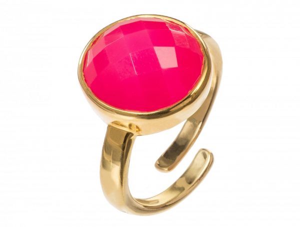 Gemshine - Damen - Ring - 925 Silber Vergoldet - Chalcedon - Fuchsia - Gößenverstellbar - 12mm