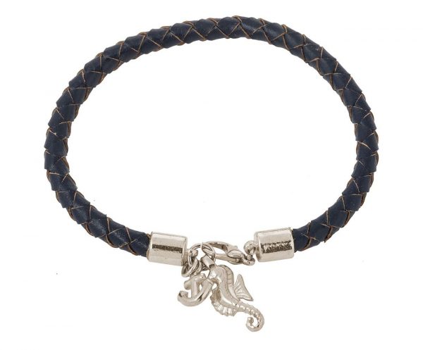 GEMSHINE Maritim Nautics Armband mit Anker und Seepferd. Silber, vergoldet oder rose im Navy Stil mit blauem Leder Band - Made in Madrid, Spain, Metall Farbe:Silber