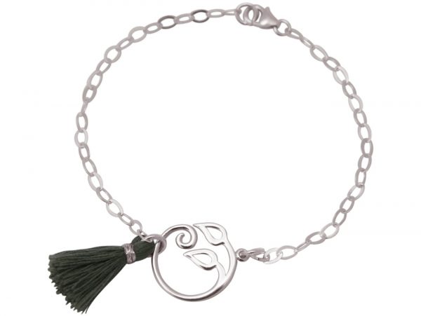 GEMSHINE Damenarmband aus 925 Silber mit YOGA Lotusblume und grauer Baumwollquaste. Hervorragende Qualität und Verarbeitung. Made in Madrid / Spanien. Im eleganten Schmucketui mit Geschenkverpackung.